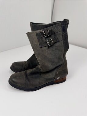 SOREL Women's Gray Suede Moto Combat Boots with Buckles